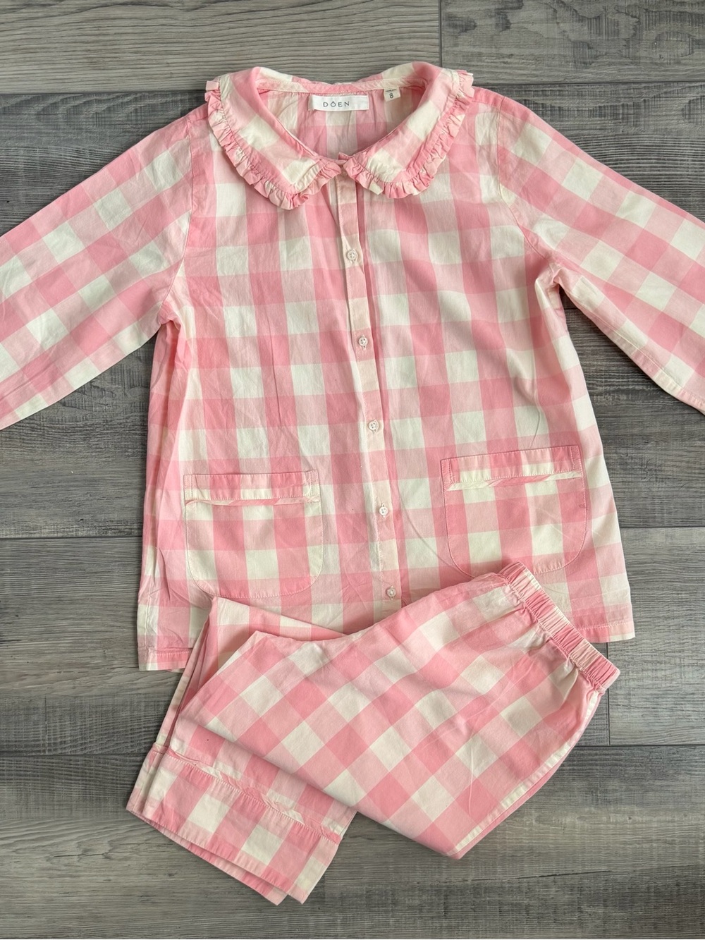 DOEN Girls' Pink and White Gingham Pajama Set SZ 8